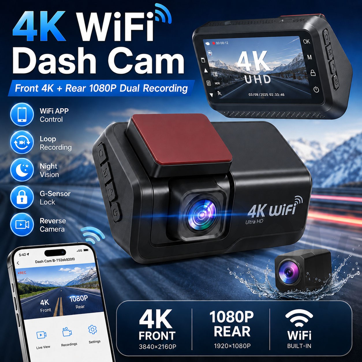 UHD 4K Dash Cam Front and Rear Dual Lens WiFi Car Recording DVR Auto Car Camera with Night Vision Rearview Camera Loop Recording