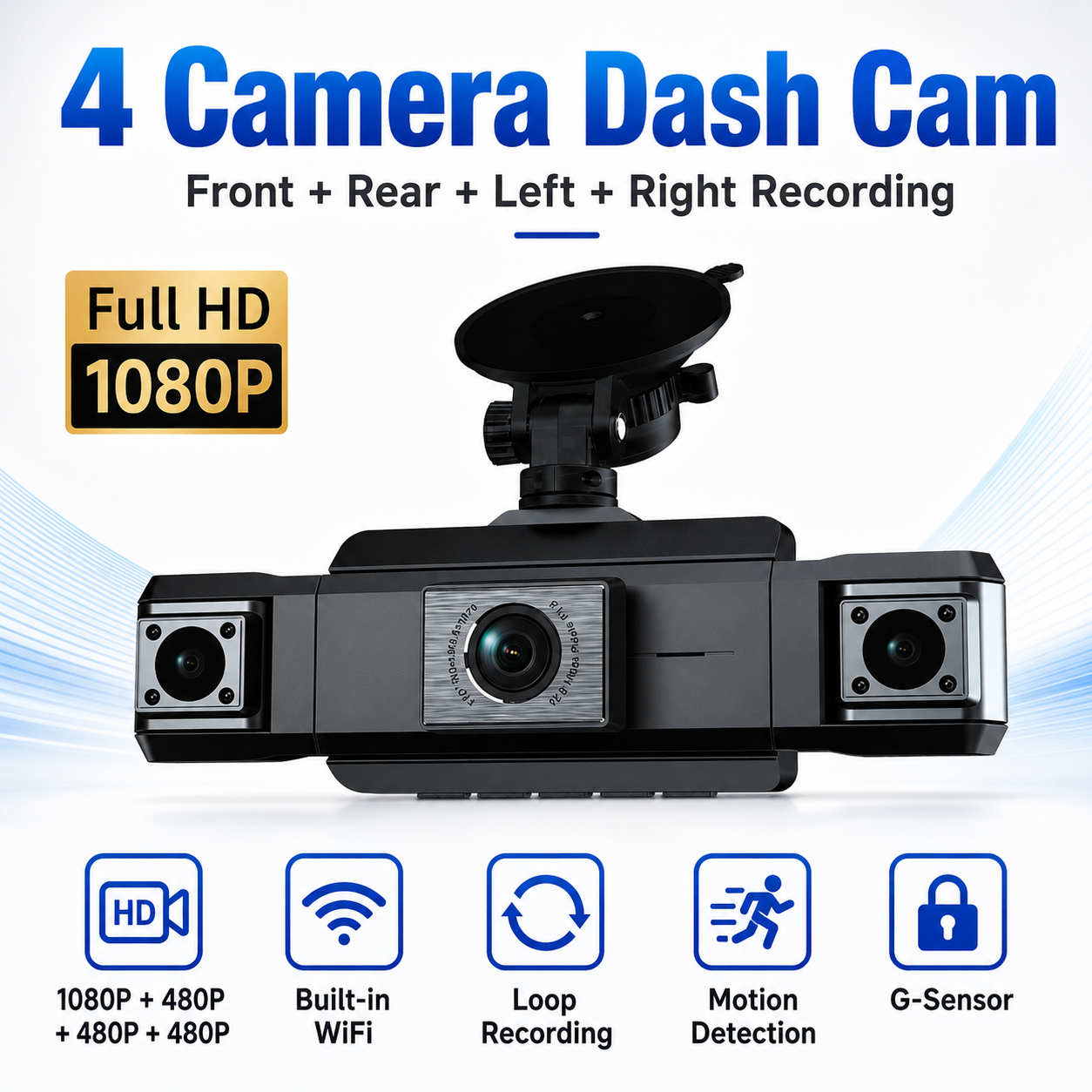 1080P 4 Camera Dash Cam WiFi Front Rear Left Right DVR Night Vision G Sensor Loop Recording Motion Detection Parking Monitor APP