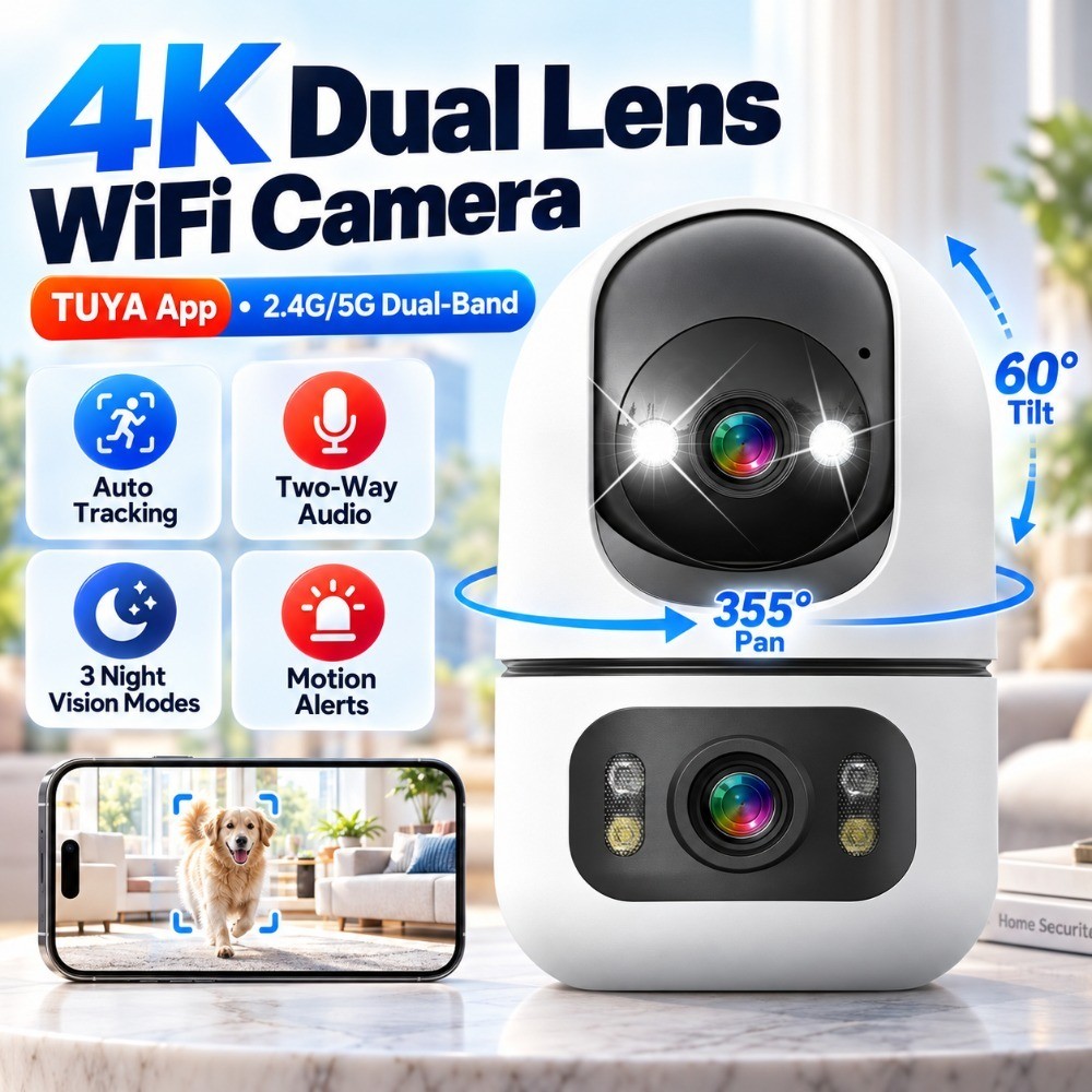 4K 6MP WiFi Camera Indoor Tuya Dual Lens Auto Tracking Home Pet Monitor Color Night Vision Security Surveillance Cameras CCTV
