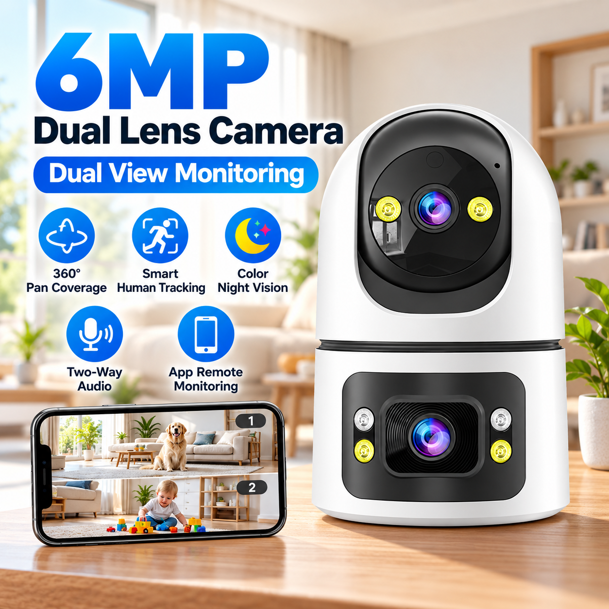 Tuya 4K WiFi Camera Indoor 6MP Dual Lens Auto Tracking Home Pet Monitor Color Night Vision Security Surveillance Cameras CCTV