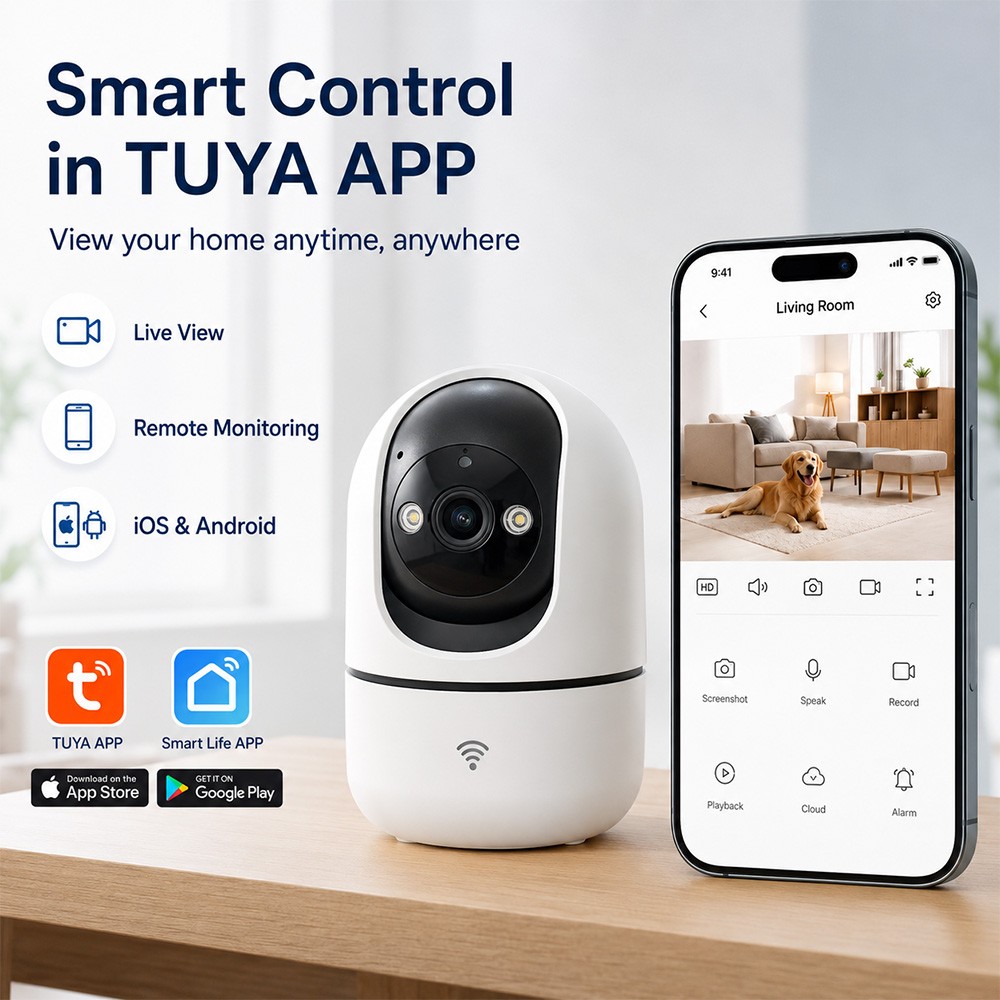 2MP Indoor PTZ WiFi Camera Tuya Smart APP HD Home Security Camera 355 Pan Tilt Night Vision Two Way Audio Motion Alert Baby Pets