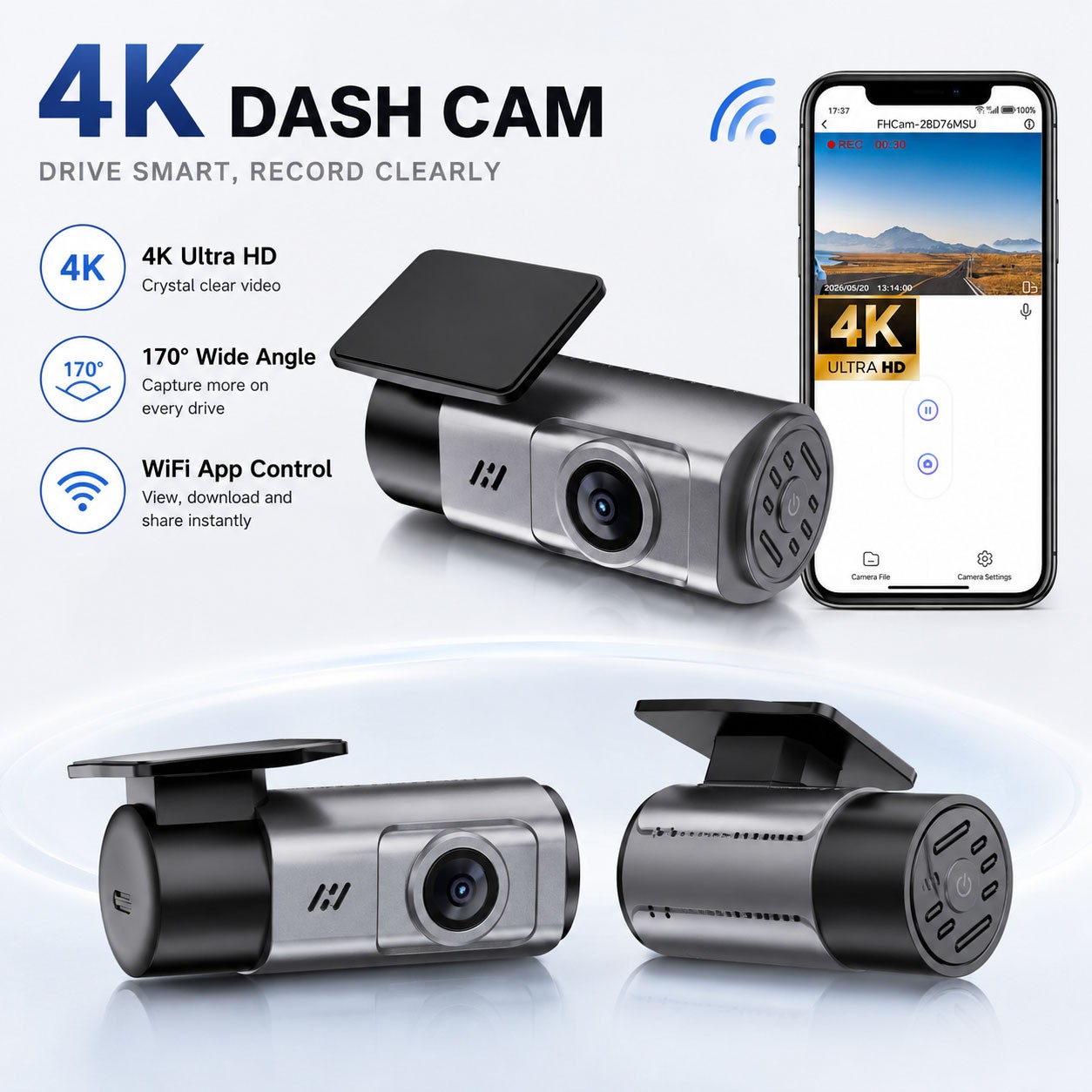 4K HD Dash Cam Front WiFi Car DVR APP Control 24H Parking Monitor G-Sensor Loop Recording Night Vision Vehicle Driving Recorder
