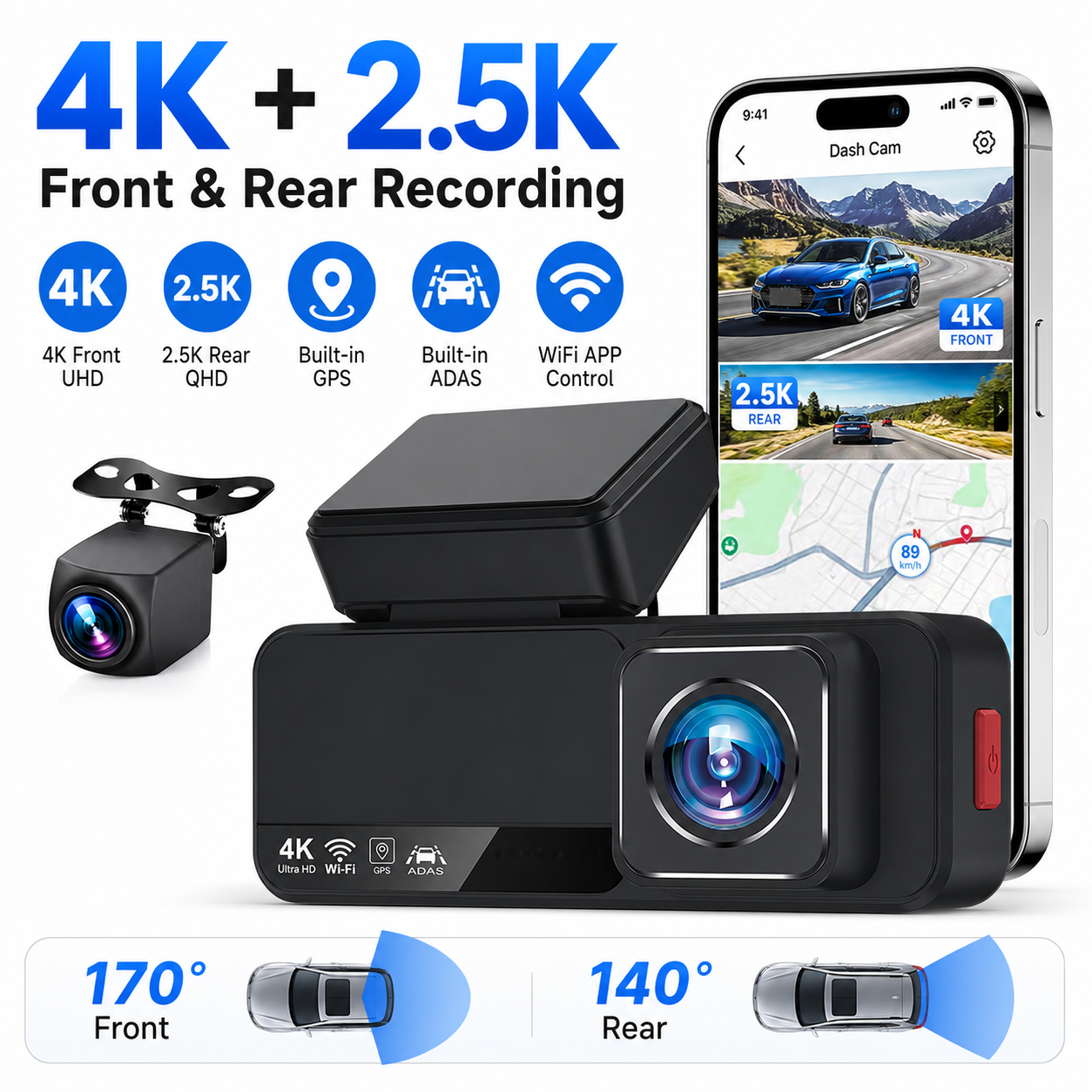 4K+2.5K Dual Dash Cam Front Rear Camera WiFi APP Control Built-in GPS 170° Wide Angle Loop Recording 24H Parking Monitor Car DVR