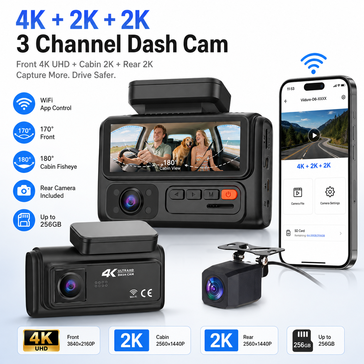 4K Triple Channel Dash Cam Front Inside Rear Camera Car Video Recorder WiFi Smart APP Control G Sensor Parking Mode Night Vision